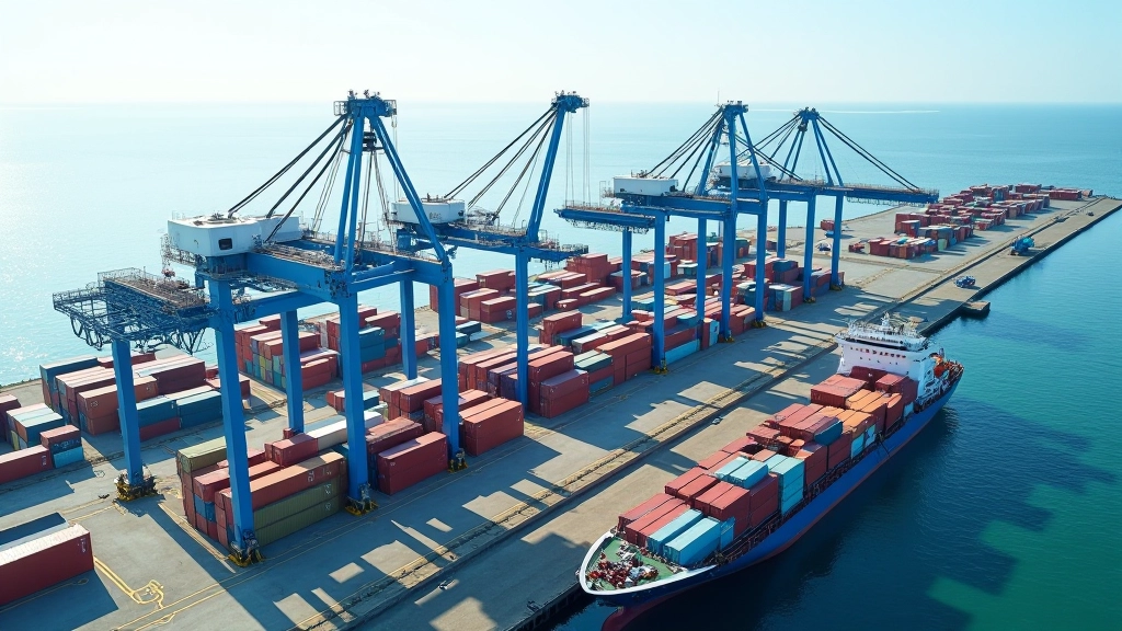 Automatiseeritud kraanid sadamas, konteinerid, laevade ahtrid, õhufoto perspektiivist