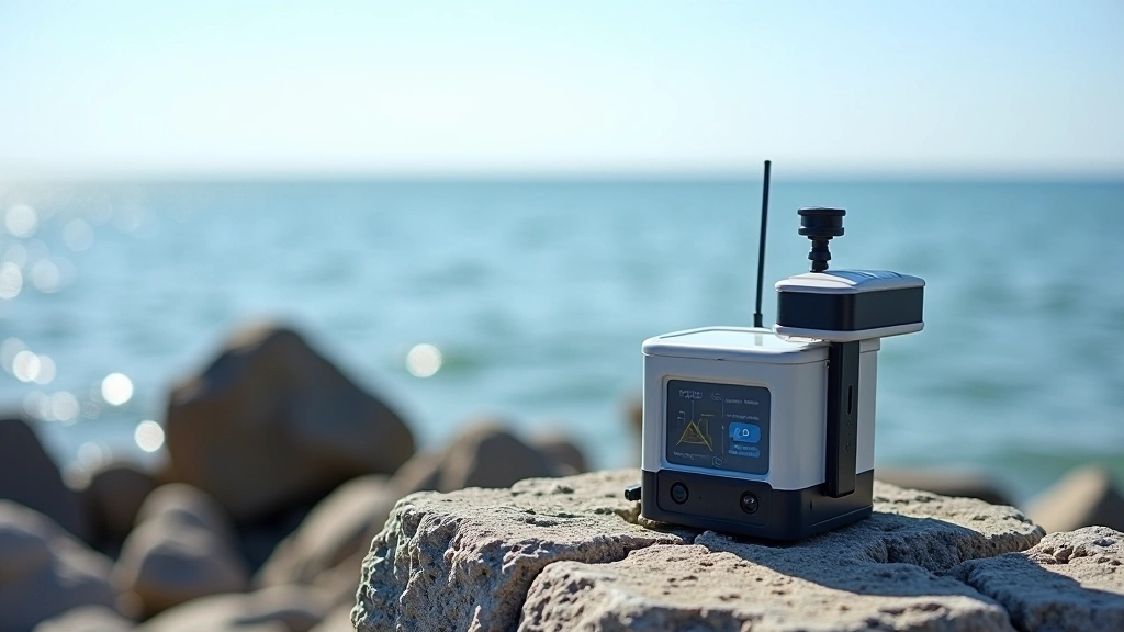 Rannikualal asuvad teaduslikud andurid, meremonitoringu seadmed, helesinine meri ja pilved