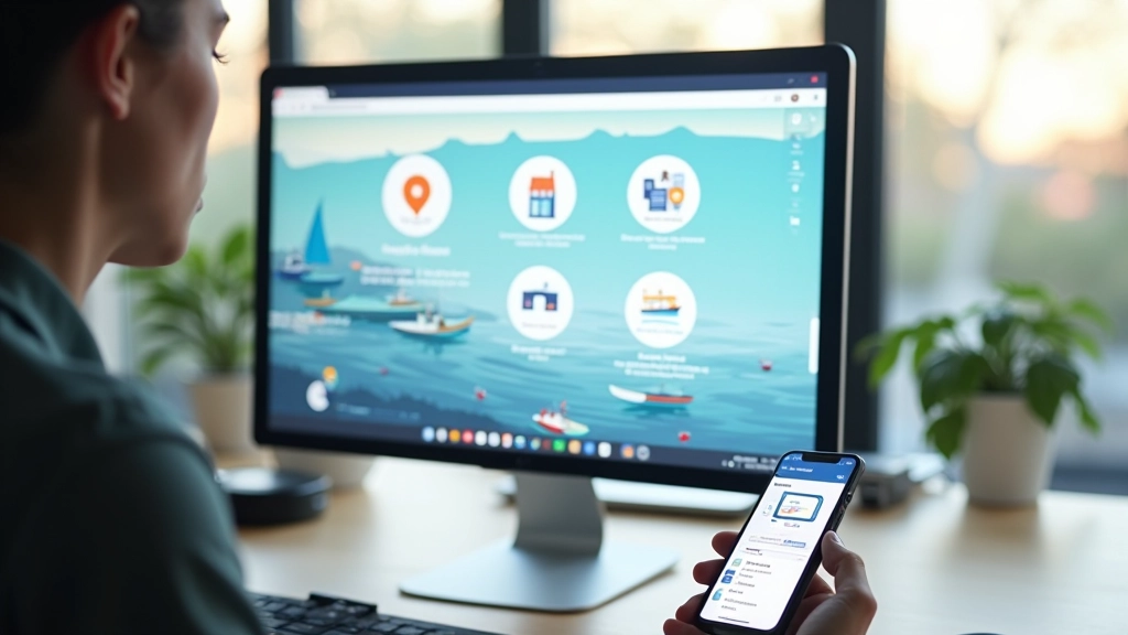 Arvuti ekraan, millel kuvatakse digiplatvorm liidese näidis, mobiiltelefon kõrval, puri või kalapüügi ikooni sisaldav kujundus