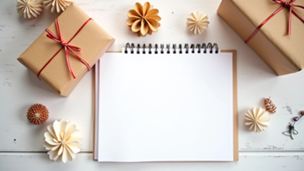 Holiday shopping list written on notepad with wrapped gift boxes and decorative items visible around it on a festive table