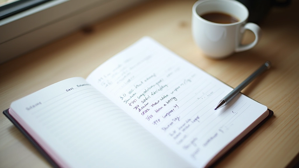 Notebook with financial planning notes and coffee on modern desk