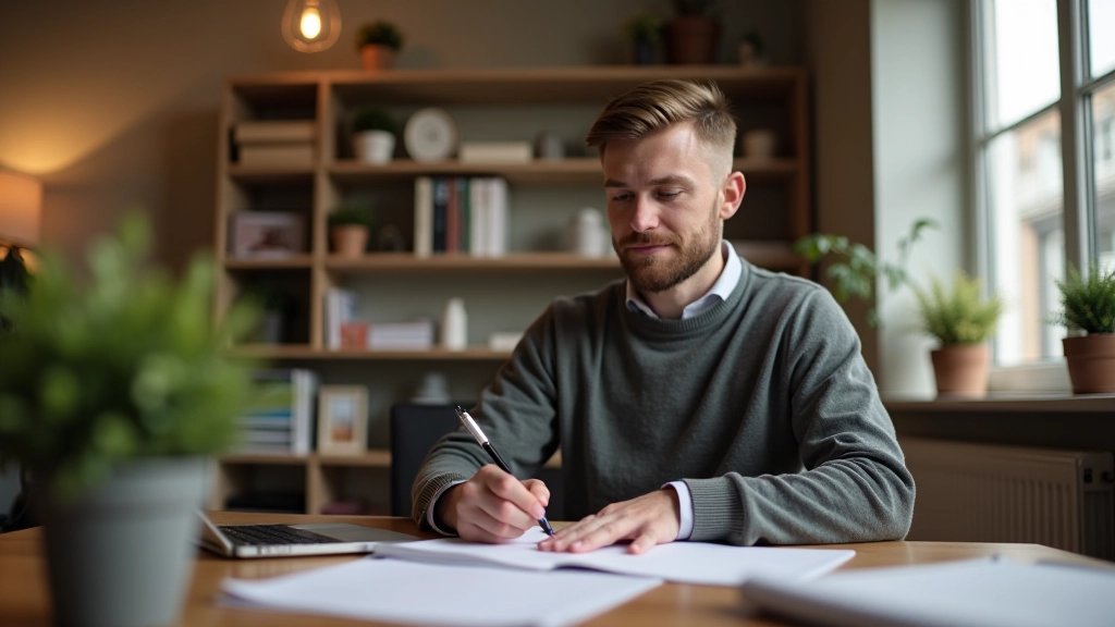 Person sitting at desk writing down monthly budget breakdown and savings plan in notebook