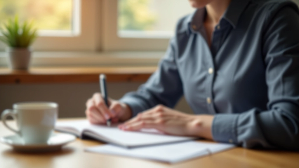 Person making notes on financial plan with pen and coffee on desk