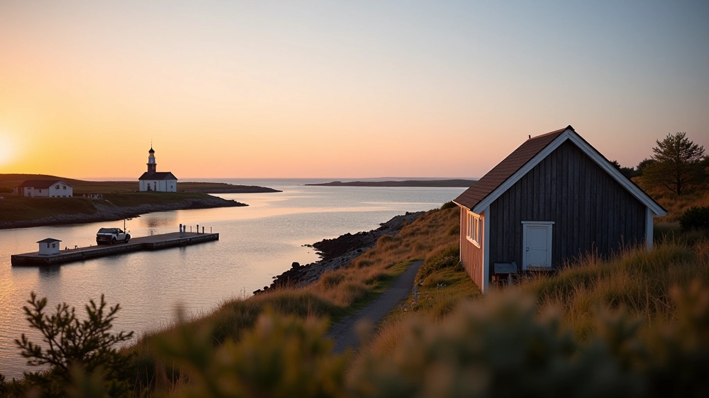 Saaremaa rannik päevase valgusega, väiksed sadam-hoonetused ja merealused platvormid silmapiiril, looduslik valgus